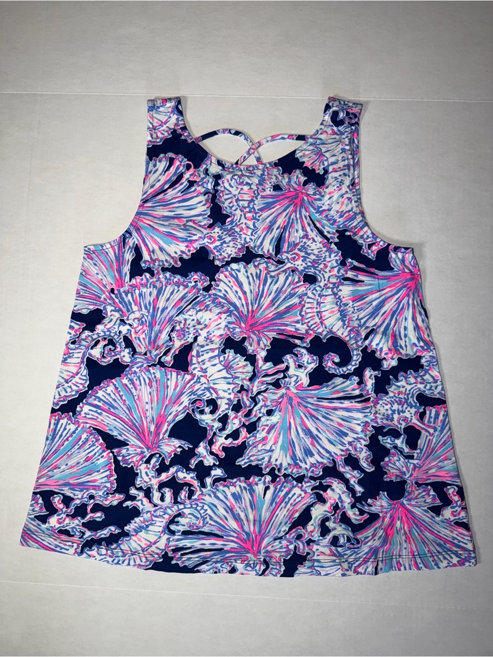 Lilly Pulitzer Navy Tank Top with Pink & Light Blue Shell Print